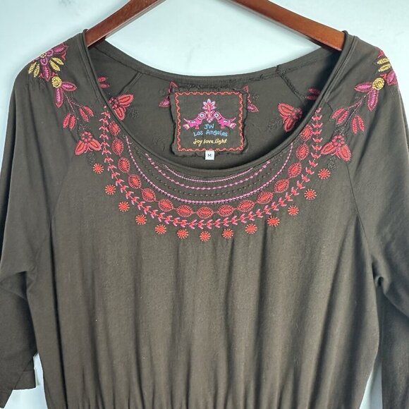 Johnny Was JW Los Angeles Cotton Jersey Knit Mini Dress M Embroidered 3/4 Sleeve - Picture 2 of 13
